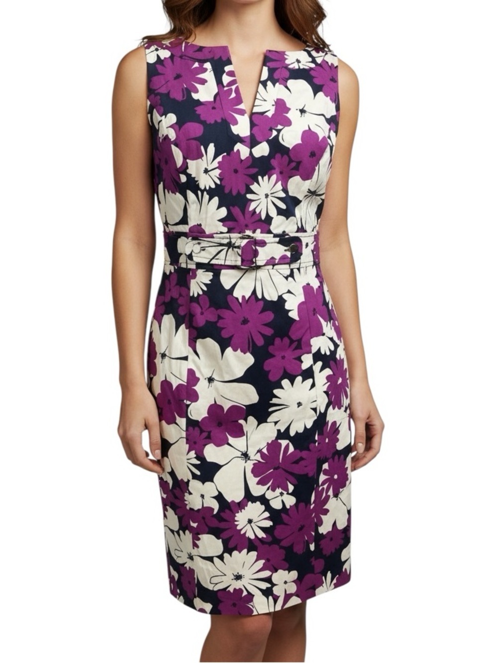 Charter Club Floral Sheath Dress Sz 6 Petite Navy Purple Sleeveless Belted Waist